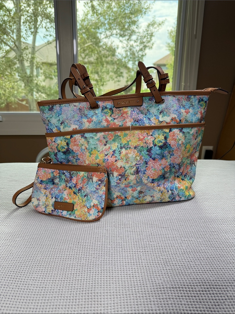 Rosetti Multicolor Floral Tote with Brown Trim and Wristlet Pouch